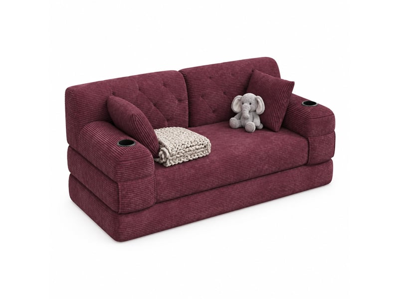 Canapé convertible 2 places 168.00×80.00×81.00 cm en velours côtelé avec porte-gobelets et poches latérales bordeaux chicfurn - Conforama A