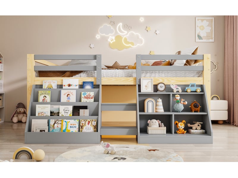 Lit 2 places 140 × 200 cm, bibliothèque et niches, échelle centrale, led par application, pin et mdf, gris et naturel - Conforama B