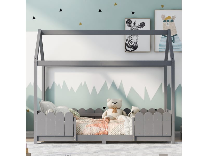  Lit cabane enfant 90x200 avec barrière de protection evryae  - Conforama D