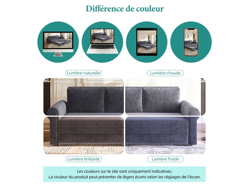  Canapé convertible 3 places gris en velours avec accoudoirs arrondis, 238 cm Fay Lum - Conforama W