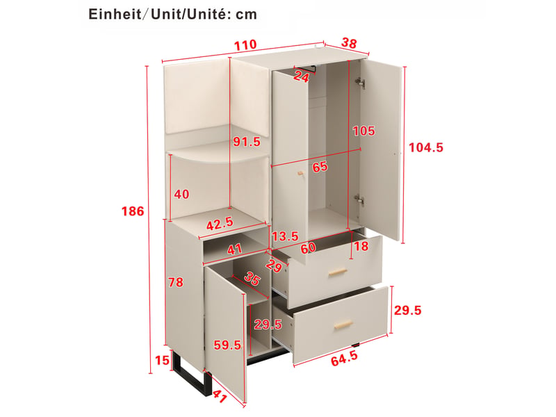 Meubles d'entrée avec penderie coulissante, 1 porte, 2 tiroirs et niches ouvertes pour couloir, 110 × 38 × 186 cm - Conforama E