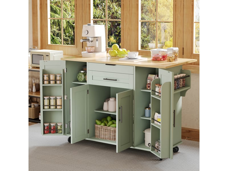  Îlot de cuisine sur roulettes vert antique, desserte avec plan de travail extensible, tiroir à couverts, 136x70x92 cm  - Conforama E