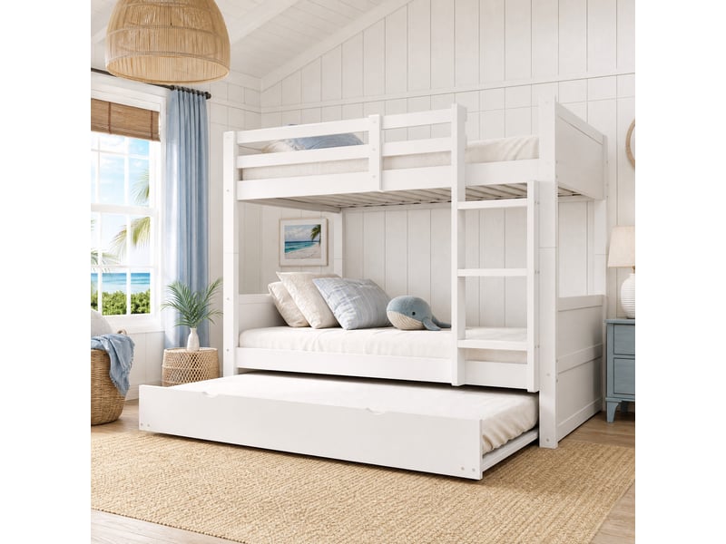  Lit superposé 3 places 90×200 cm avec lit gigogne, barrière et échelle, sans matelas - okmyhome- en bois blanc  - Conforama B