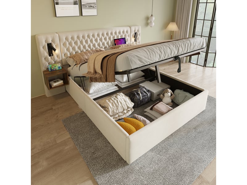  Table de chevet, 215x267x105 cm, ports de charge, rangement intégré, beige cao-AB30671012B-conf-NEW - Conforama D