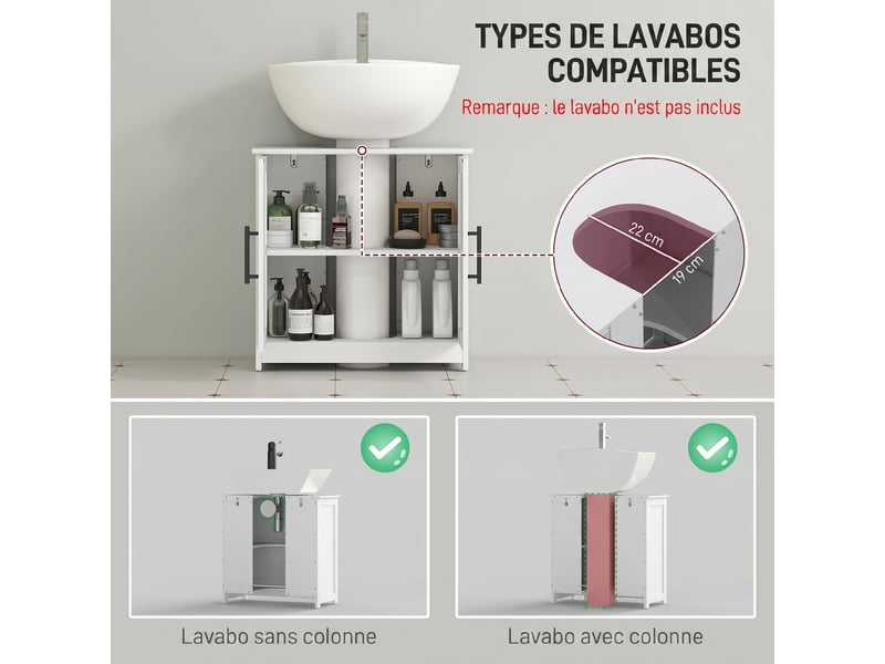  Meuble sous lavabo, meuble de salle de bain avec 2 portes magnétiques style grange et étagères, 60 x 30 x 60 cm, blanc  - Conforama D