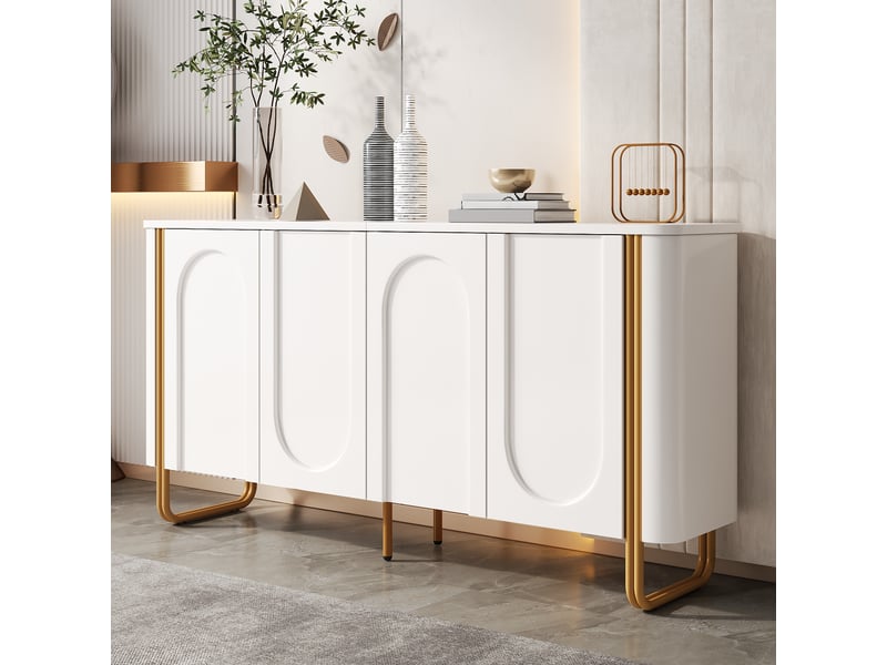  Buffet bas 160x35x80,5 cm avec 4 portes push-to-open, façades en relief arqué, coins arrondis, pieds métal, rangements intérieurs, mdf blanc  - Conforama C