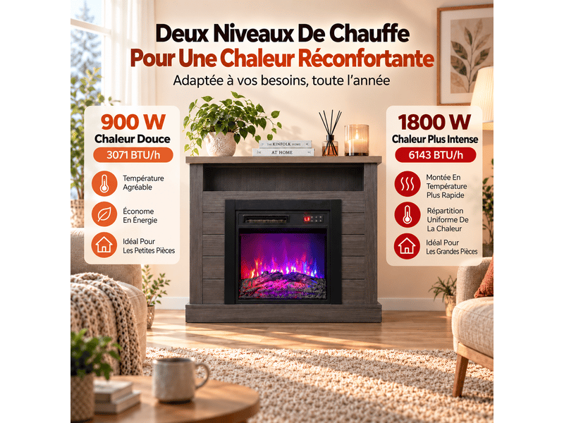  Homavo cheminée électrique 18 pouces grise avec meuble cheminée, 900 w1800 w avec 2 niveaux de chauffe, flammes 3d à 7 couleurs, télécommande + commandes sur panneau, minuterie 1–8 h, avec espace de rangement  - Conforama C