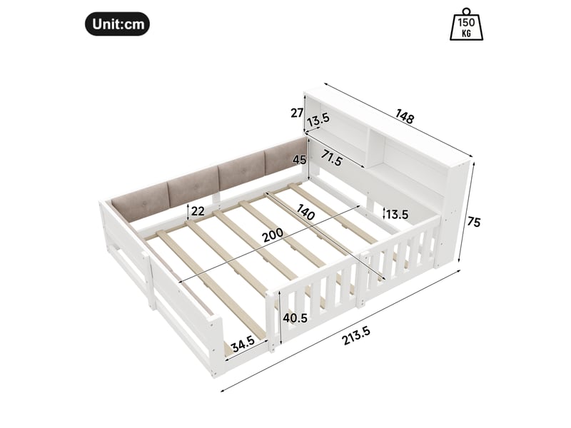 Lit enfant 140 × 200 cm avec barrières, dossier rembourré, rangements et éclairage à del pour chambre, blanc - Conforama C