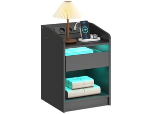 Table de chevet avec station de charge, éclairage led rgb, tiroir, étagère ouverte, ports usb et télécommande, 40 x 40 x 58 cm, noire