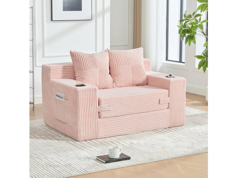  Fauteuil pouf 2 places avec coussins amovibles, poches latérales et accoudoirs, en velours côtelé rose  - Conforama C