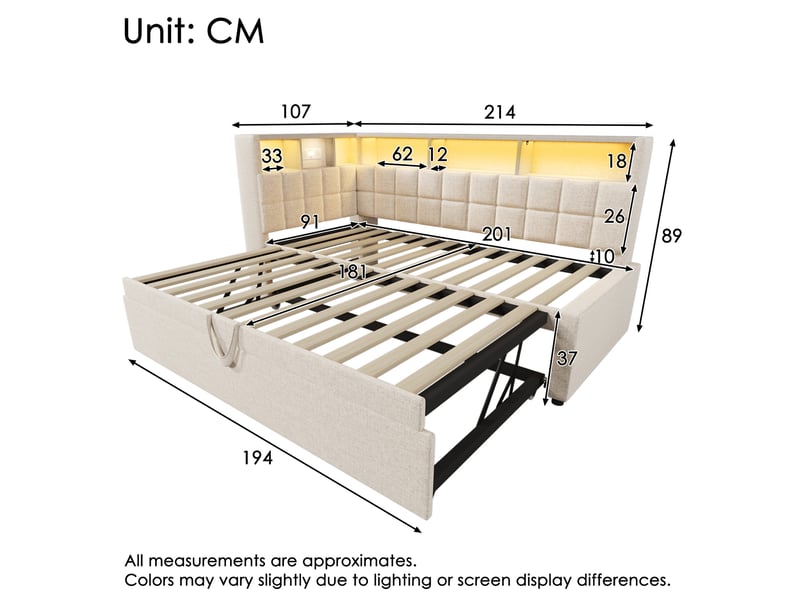  Lit gigogne 90x200 cm avec led et enceinte bluetooth en lin beige  - Conforama E
