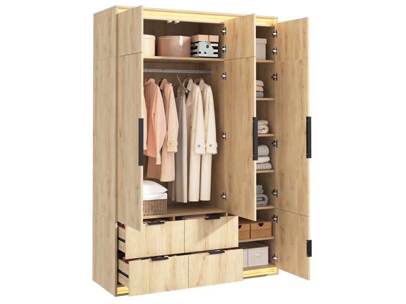  Armoire 3 portes avec miroir et éclairage led, 4 tiroirs, 135x47x200 cm, chêne  - Conforama A