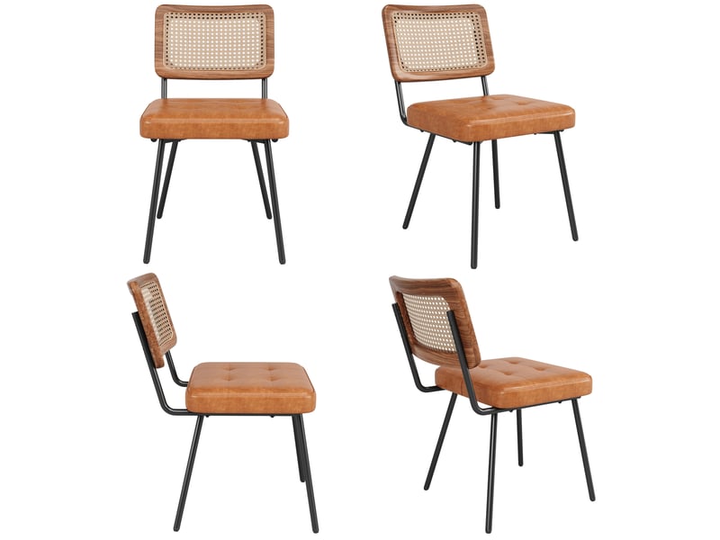  Lot de 4 chaises, marron, pu + métal, style raffiné, pieds fer réglables, dossier rotin pe  - Conforama A