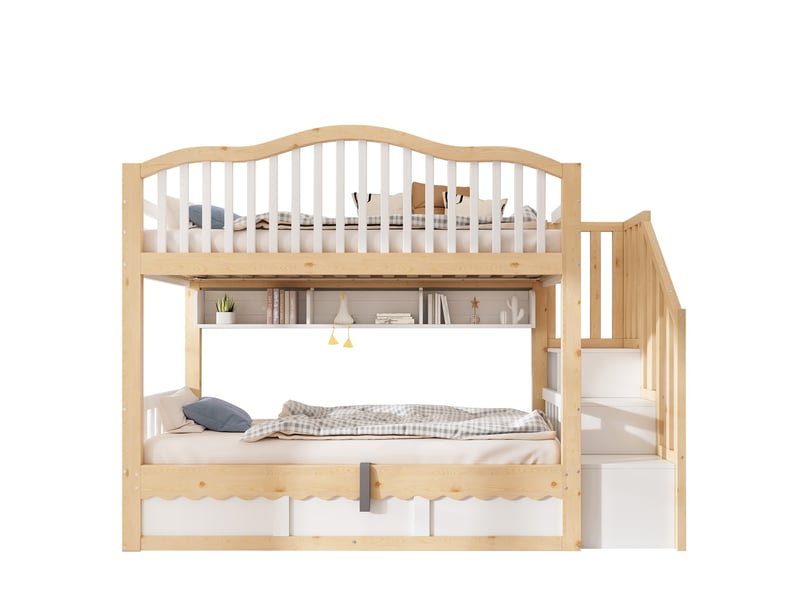  Lit superposé enfant 2 couchages 90x200 cm avec rangement hydraulique, blanc et chêne  - Conforama A