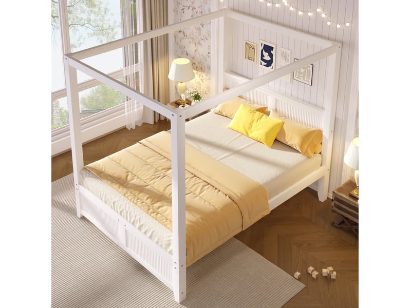  Lit à baldaquin 140x200 cm avec cadre de toit décoratif, lattes verticales têtepieds, mdf pin, blanc, sans matelas  - Conforama E