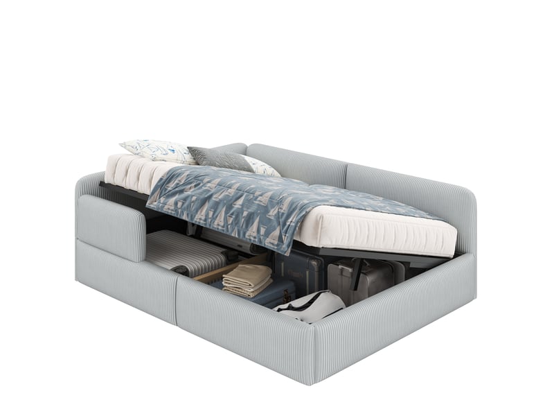  Lit de repos double capitonné 140x200cm,avec grand rangement sous le lit,barrière latérale,velours côtelé,sans matelas,gris  - Conforama A