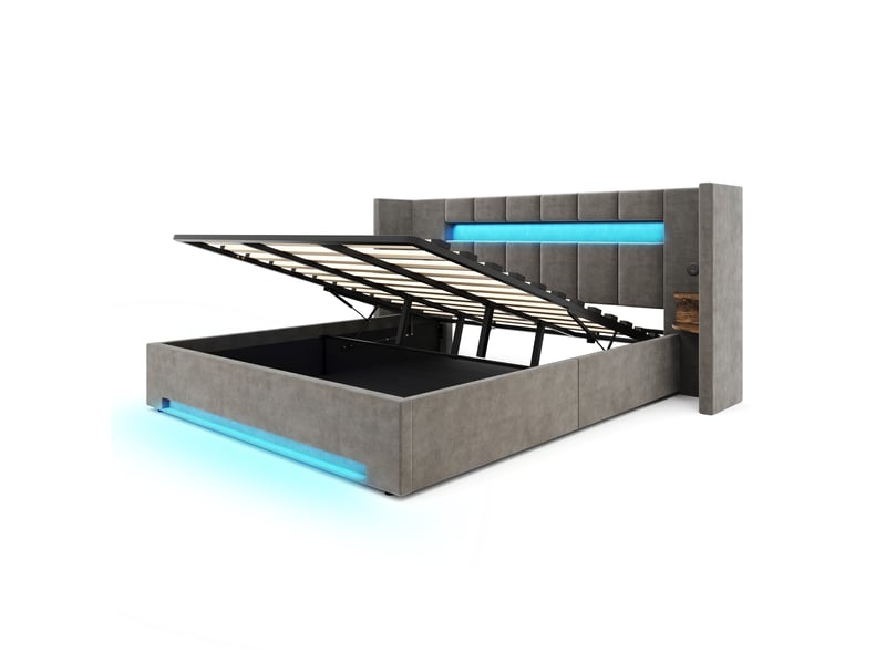 Lit coffre 180x200 cm, lit double, rangement hydraulique, armoire, led, velours gris foncé, port usb - Conforama B