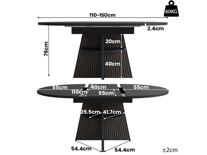  Table à manger extensible 110-150x110x76 cm, rangement ouvert, mdf et métal noir  - Conforama E