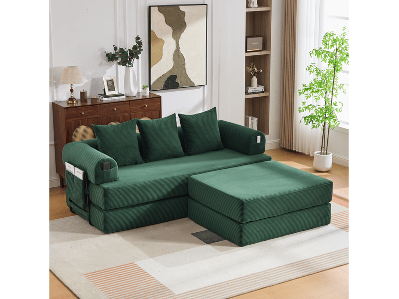 Canapé modulaire 3 places en velours côtelé vert émeraude avec pouf et 3 coussins - Conforama B