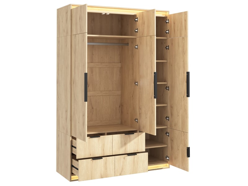 Armoire 3 portes avec miroir et éclairage led, 4 tiroirs, 135x47x200 cm, chêne - Conforama D
