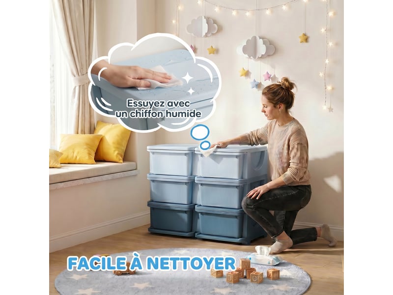  Organisateur de jouets pour enfants à 3 niveaux avec 6 tiroirs, boîtes de rangement en plastique, bleu, 75x37x56,5cm  - Conforama R