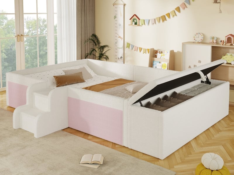  Lit rembourré, 140 x 190 cm, petit escalier, banc de lit avec coffre de rangement, sans matelas, velours, blanc  - Conforama B
