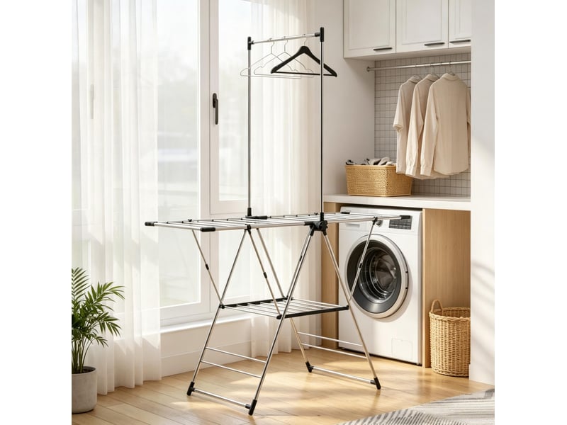  Séchoir à linge pliable en acier inoxydable 201, ailes réglables 5 niveaux et 4 supports chaussures, charge 25 kg  - Conforama B