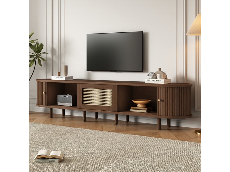  Meuble tv ovale en noyer foncé, pieds réglables, design rotin meuble télé 180 cm design mdf, capacité de charge 30 kg  - Conforama D