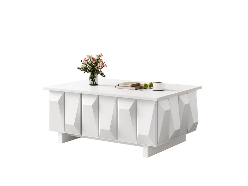  Table basse de salon 95x67x39,5 cm avec rangement, 3 portes, façades à structure 3d, panneau de particules, blanc  - Conforama A