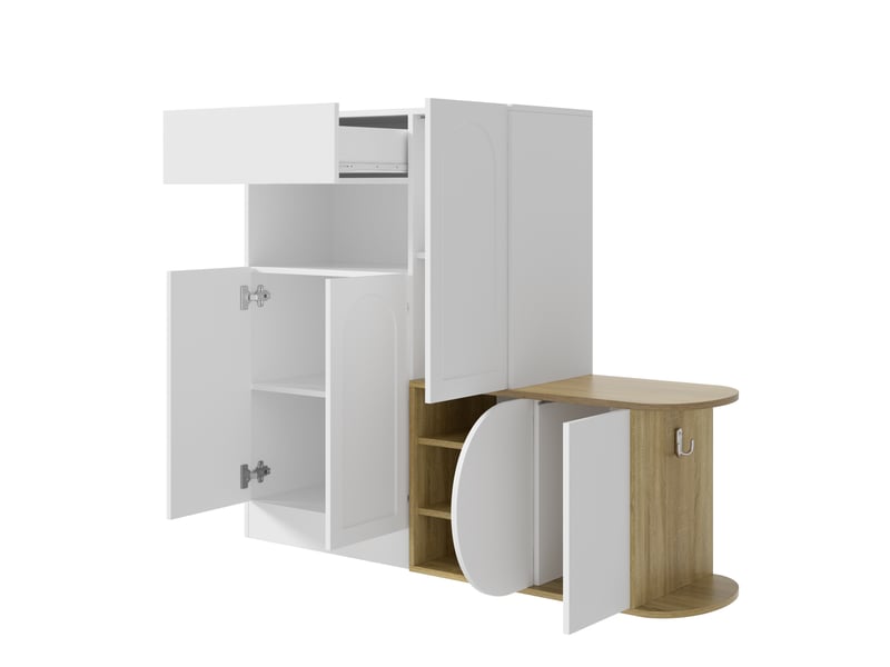  Meuble à chaussures 130x35x110,5 cm avec banc, 1 tiroir, 5 portes, mdf blanc et aspect bois  - Conforama D