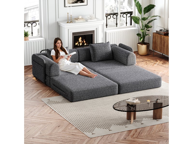  Canapé-lit modulable 2-en-1 en chenille, avec rangement dans les accoudoirs, structure métallique et configuration libre - gris  - Conforama B