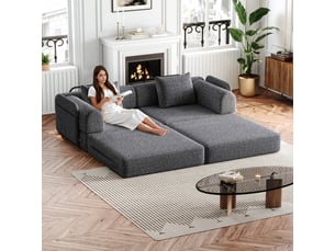 Canapé-lit modulable 2-en-1 en chenille, avec rangement dans les accoudoirs, structure métallique et configuration libre - gris