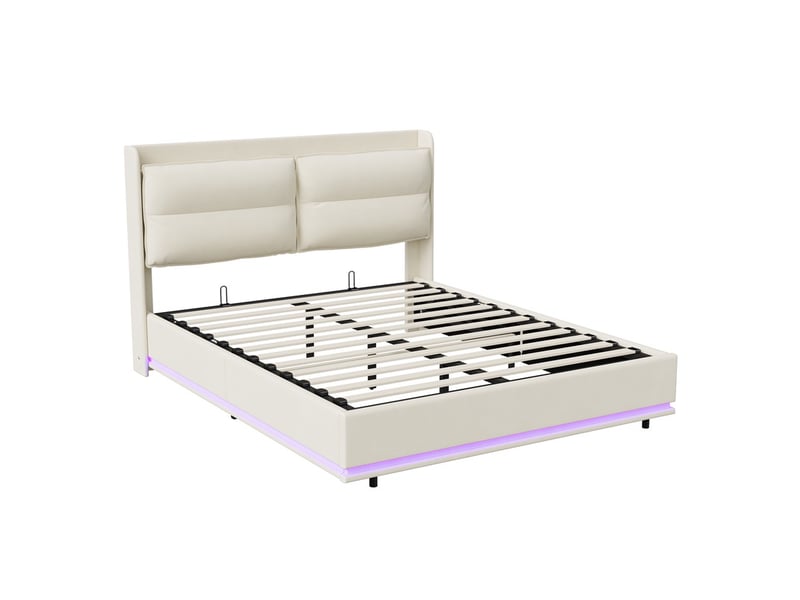  Lit 160x200cm - lit coffre 160x200cm - tête de lit de rangement, chargeur sans fil et led autour du lit - velours beige  - Conforama A