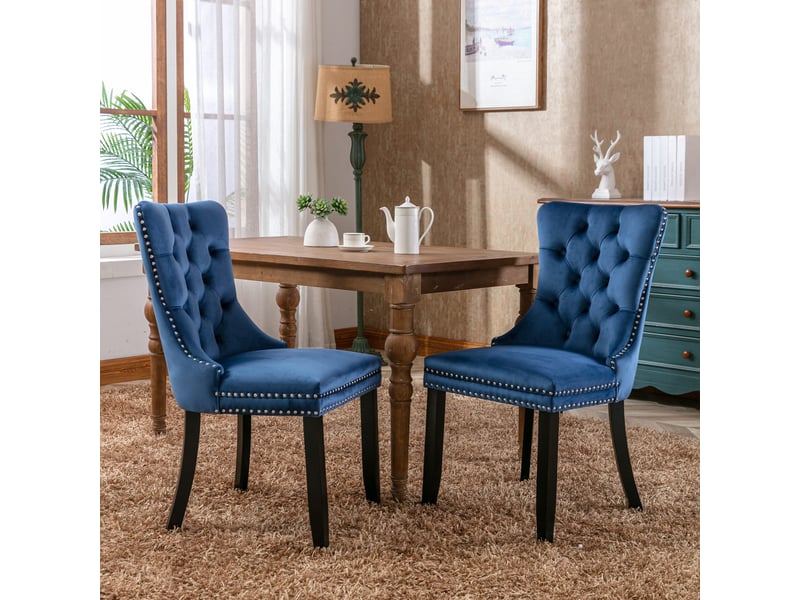 Chaises de salle à manger velours de2001bl bleues lot de 2 avec pieds bois et clous décoratifs - Conforama B