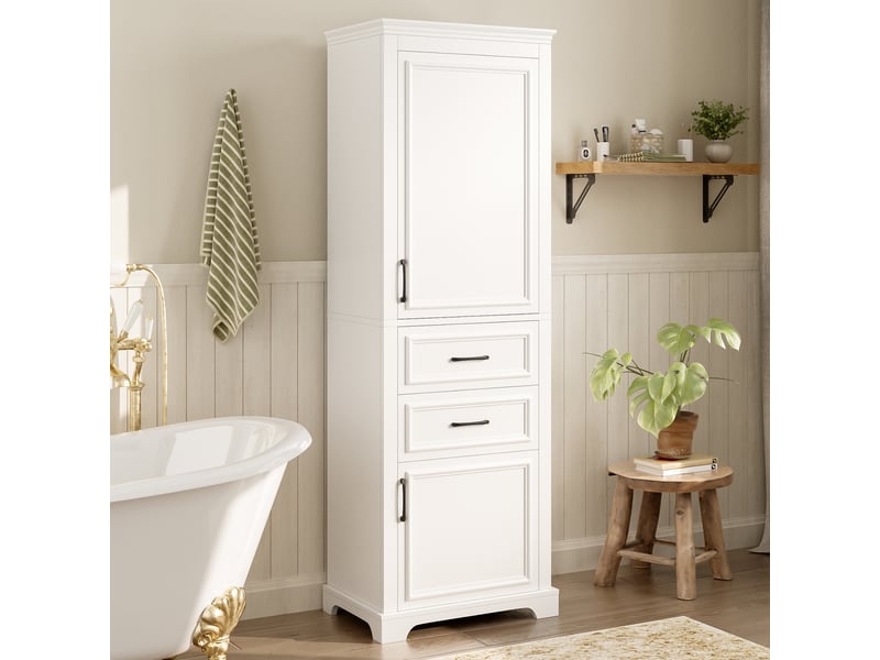  Armoire de salle de bain avec 2 tiroirs, 2 placards et étagères réglables, en mdf blanc, 60 × 40 × 180 cm  - Conforama B