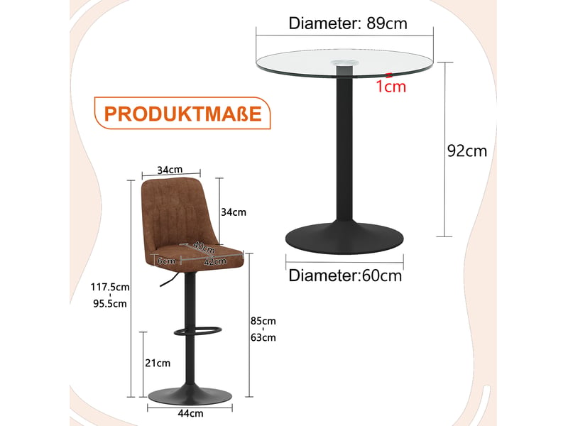  Ensemble bar table ronde en verre ø 89 cm avec 2 tabourets pivotants marron réglables, structure métal noir  - Conforama C
