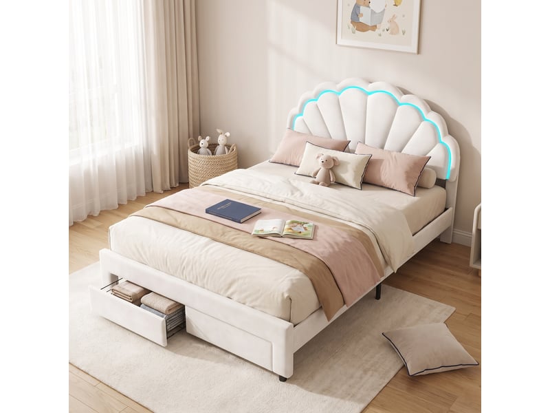 Lit simple 140x200 cm, lit enfant avec led rgb et 2 tiroirs de rangement, tête de lit coquillage réglable et sommier, velours, blanc  - Conforama D