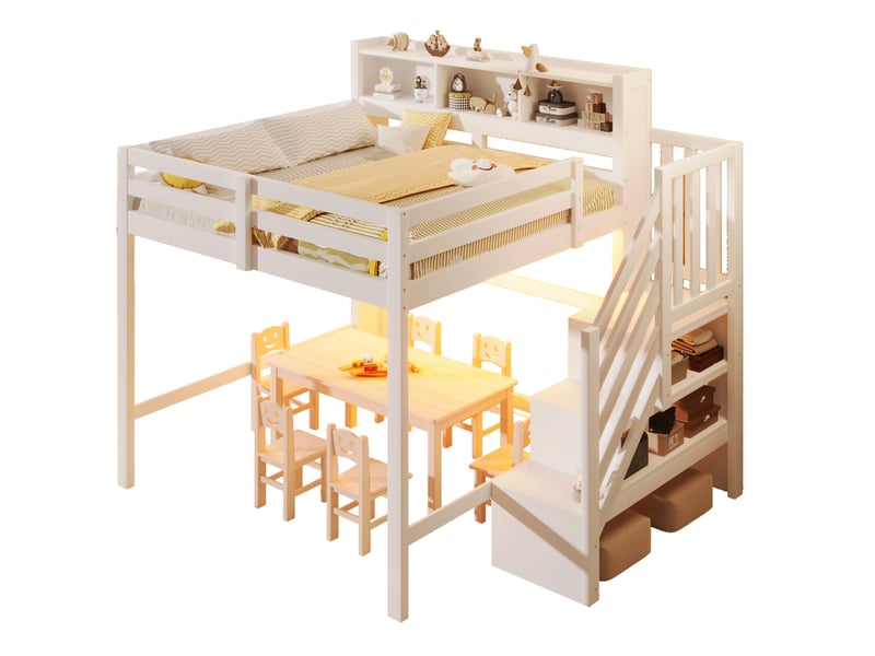  Lit mezzanine enfant 140x200 cm avec led et escalier de rangement blanc  - Conforama A