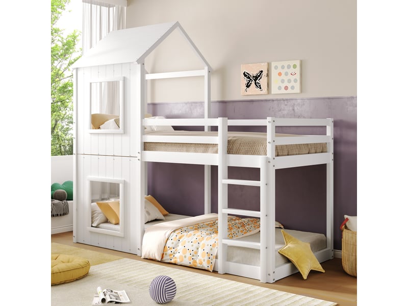  Lit cabane enfant 90x200 cm avec barrières de sécurité, blanc, lit superpose avec échelle et baldaquin  - Conforama D