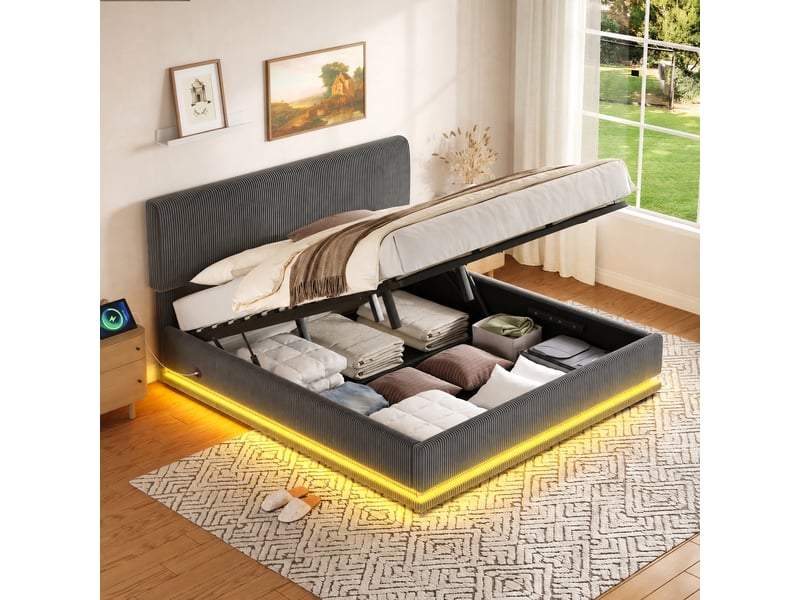  Lit rembourré 180 x 200 cm en velours côtelé gris foncé, rangement sous le sommier, led et usb-c  - Conforama D