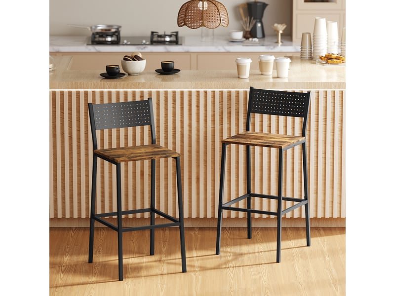  Lot de 2 tabourets de bar, chaises de bar, assise 72,5h cm, dossier et repose-pieds, pieds en métal, brun rustique  - Conforama C