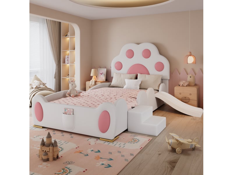  Lit enfant 90x200 cm avec toboggan et échelle, revêtement pu blanc et rose  - Conforama D