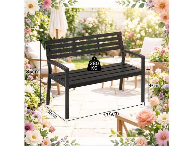 Banc de jardin 115x55x85cm avec dossier et accoudoirs, structure métal noir et lattes aspect bois - Conforama C