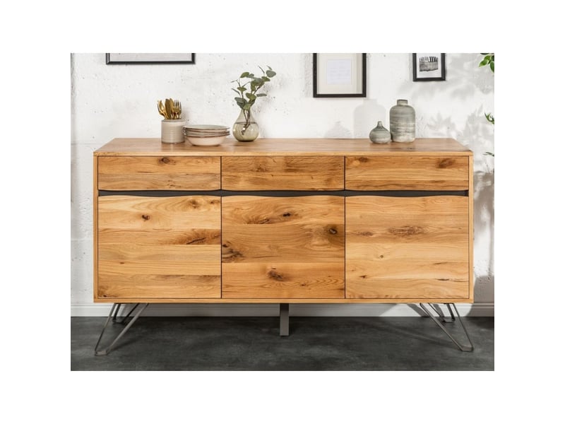  Buffet elmwood 160 cm en chêne sauvage et métal noir – 3 portes, 3 tiroirs et façade sculptée  - Conforama D