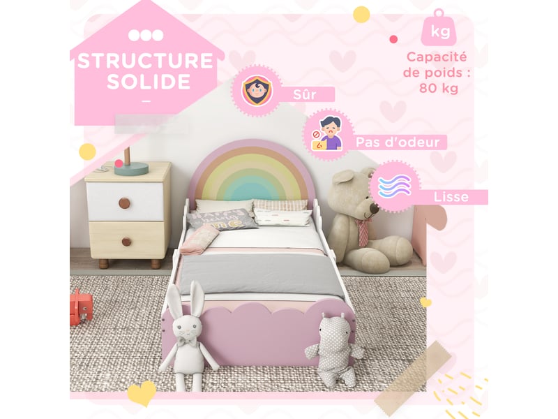  Lit pour enfants de 3 à 6 ans design arc-en-ciel sommier à lattes inclus chambre moderne rose 143 x 74 x 66 cm  - Conforama R