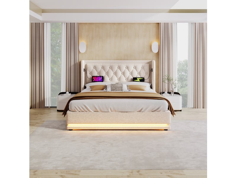  Lit coffre 140 × 200 cm 2 places avec tête de lit capitonnée, led, usb et type-c, matelas inclus, coton beige  - Conforama C