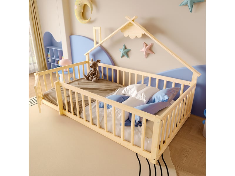  Lit cabane enfant ulevr 90x190 cm avec barrière de sécurité et serrure, structure maison, bois de pin et mdf, naturel  - Conforama B