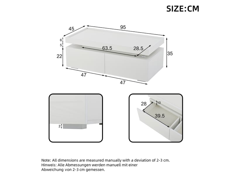 Ensemble meuble tv et table basse blanc brillant avec led et 4 tiroirs, design minimaliste moderne pour tv jusqu'à 75 pouces - Conforama D