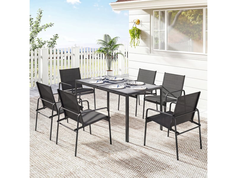  Salon de jardin extérieur pour 6 personnes, table de patio effet bois et chaises avec assise en maille respirante, cadre en acier galvanisé, noir  - Conforama D