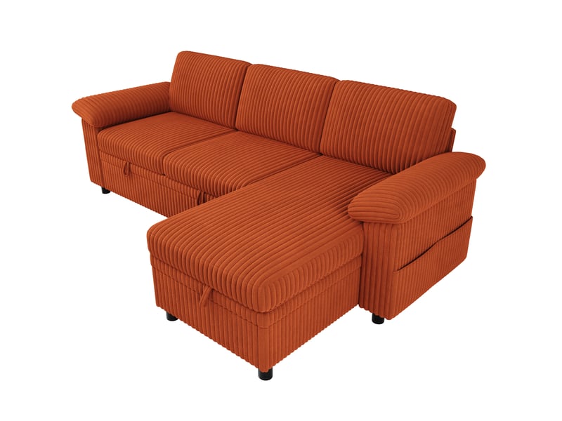  Canapé d’angle convertible 3 places 214 x 138,5 x 89 cm, méridienne coffre réversible, usb-c, dossier réglable, velours côtelé, orange OMNIGLINT TRADING LTD - Conforama A